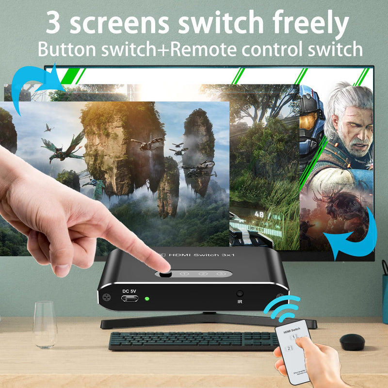 [AUSTRALIA] - HDMI 2.1 Switch 3 in 1 Out,8K HDMI Splitter Switcher,Supports 4K@120Hz,8K@60Hz, 48Gbps Ultra HD HDMI Box, Aluminum Shell, Compatible with PS4/PS5, Xbox, Fire Stick, Apple TV, Roku, HD TV. 8KBlack 