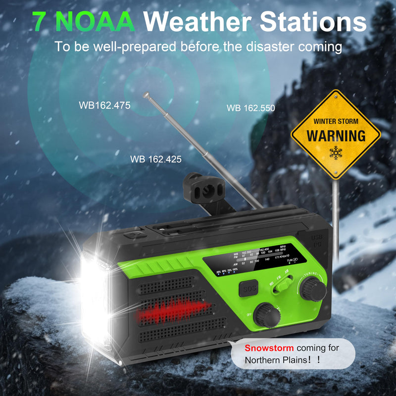 Hand Crank Emergency Radio, 6000mAh AM/FM/NOAA Weather Radio, Hand Crank Radio with 4 Built-in Cable, Emergency Weather Radio with Quickly Phone Charger, SOS Alarm for Emergency Winter Storm Green