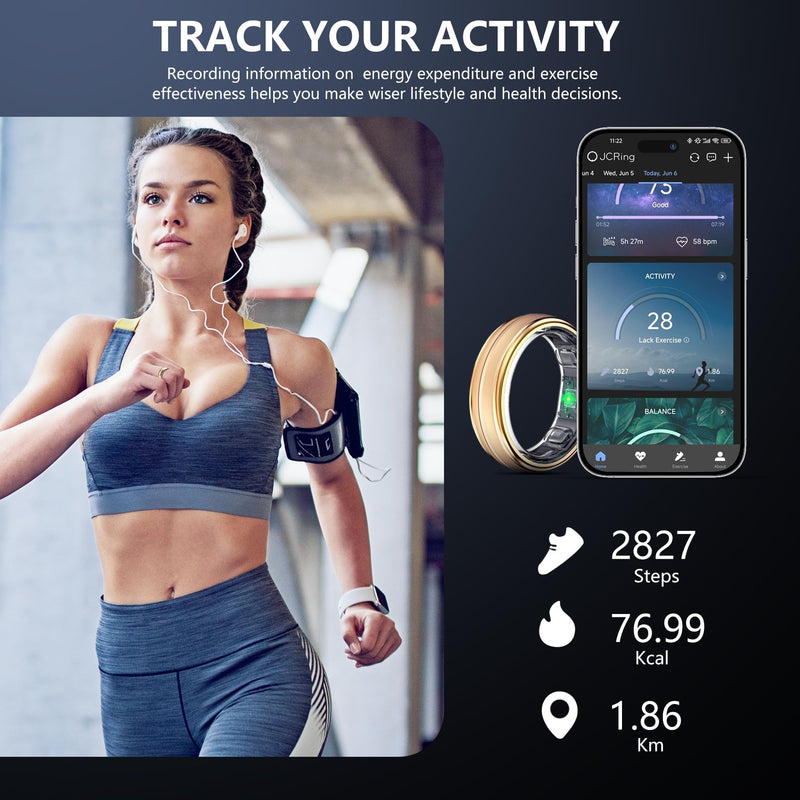 Smart Ring for Women Men - Fitness Ring with Sleep & Step Tracker | Waterproof Health Ring with Heart Rate Monitor, Compatible with iOS & Android, No App Subscription (Gold, 9)