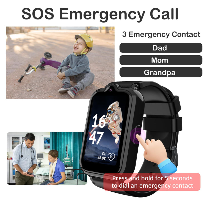 Citfis 4G Kids Smart Watch Boys with GPS Tracker, Kids Cell Phone Watch with Video & Voice Calling Texting Alarm SOS Calculator Pedometer Camera School Mode Math Game(Black) Black