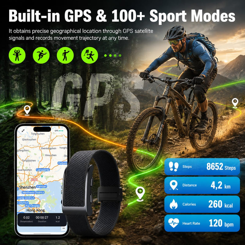 Yihou Screenless Fitness Tracker GPS Smart Bracelet Heart Rate Sleep Monitor Health Tracker Fall Detection SOS Call Pedometer Step Counter AI-Powered Activity Tracker Waterproof Nylon Wrist Band Beige