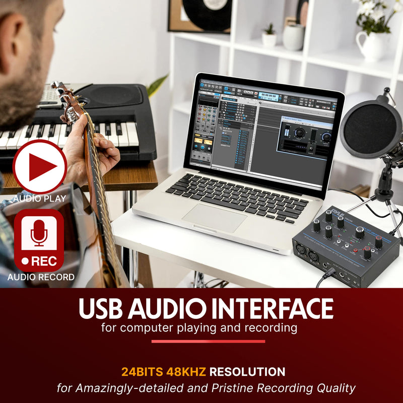Pyle Professional USB Audio Interface with MIC, Guitar, AUX Stereo Inputs, Phone/Monitor Outputs, Ideal for Computer Playing & Recording, Compact Rugged Metal Housing - PMUX6 Interface Basic