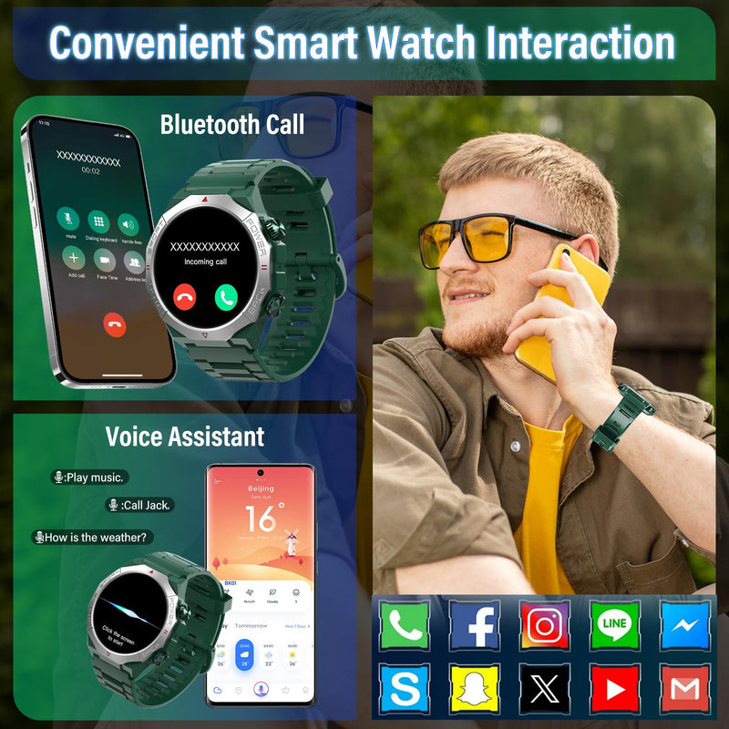 Qecnato Military Smart Watches for Men (Answer/Make Calls), 1.39" HD Watches, Heart Rate/Sleep Monitor, 110+ Sports Modes Watch for Men, Waterproof Watch, 30Day, Watches for Android/iPhone, Green