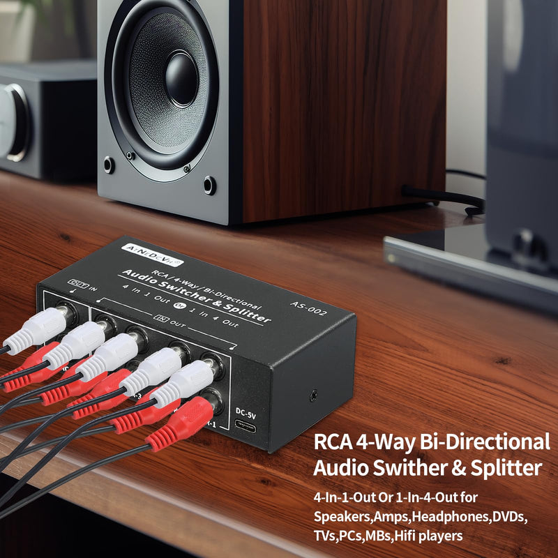 [AUSTRALIA] - RCA 4-Way Bi-Directional Audio Switcher Splitter, 1 in 4 Out / 4 in 1 Out Stereo L/R Sound Channel Audio Switch Selector Splitter Box with Remote Control for Speakers Headphones Amps (Black) 
