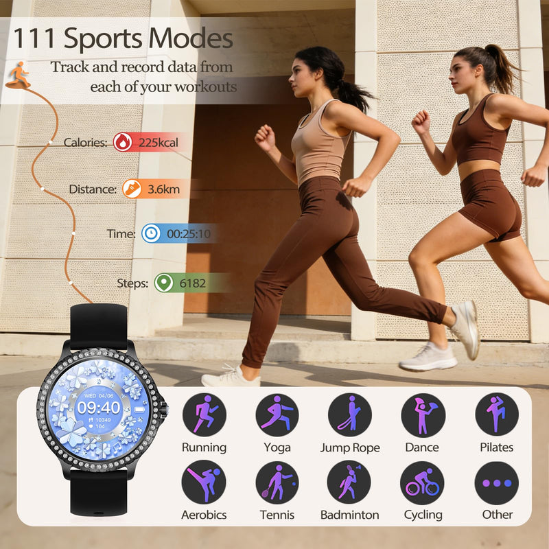 Smart Watch for Women with Diamonds, Bluetooth Calls, 1.32'' Full HD Screen Fitness Tracker with Multiple Sports Modes/Heart Rate/Sleep Monitor, IP68 Waterproof for Android iOS, Elegant Black