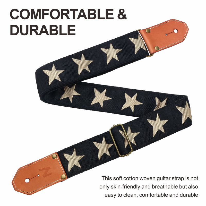 Nefelibata Cool Woven Guitar Strap -Cotton Guitar Straps with Thicked First Layer Vegetable Tanned Cowhide Leather Ends for Acoustic, Bass, Electric, Best Gift for Your Love Guitarists(Star) Star