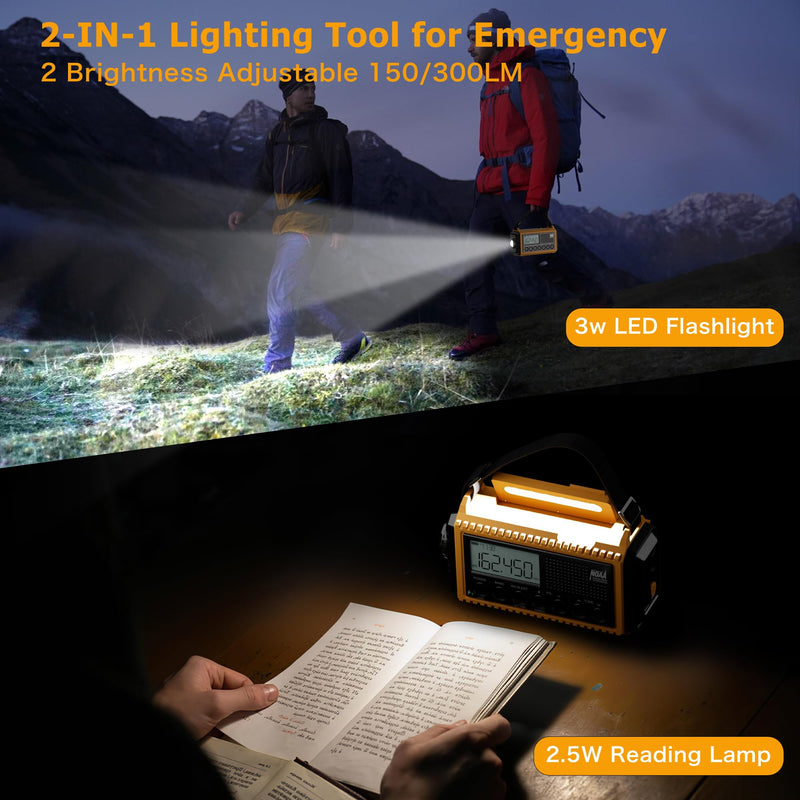 12000mAh NOAA Emergency Weather Radio, Hand Crank Emergency Radio Portable AM FM Shortwave, Solar Rechargeable Battery Powered Radio with USB-C Charger & Adapter, SOS Alert Flashlight for Home Camping 12000mAh Yellow with LCD Display
