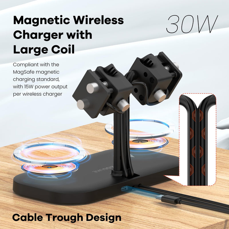 4-in-1 Dual iPhones Wireless Charging Dock and Dual iwatch Stand | Charger Stand for iPhone, for AirPods/Buds, for Samsung,for Galaxy Fit/Xiaomi Band/Amazfit Band/Fitbit Inspire HR(433-B) A433SW-Black