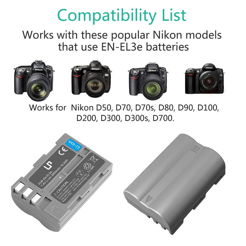 LP EN-EL3e, EL3, EL3a Battery, 2600 mAh Battery Compatible with Nikon D700, D300s, D300, D200, D100, D90, D80, D70S, D70, D50, MH-18, MH18a, MH-19, MB-D200, MB-D10