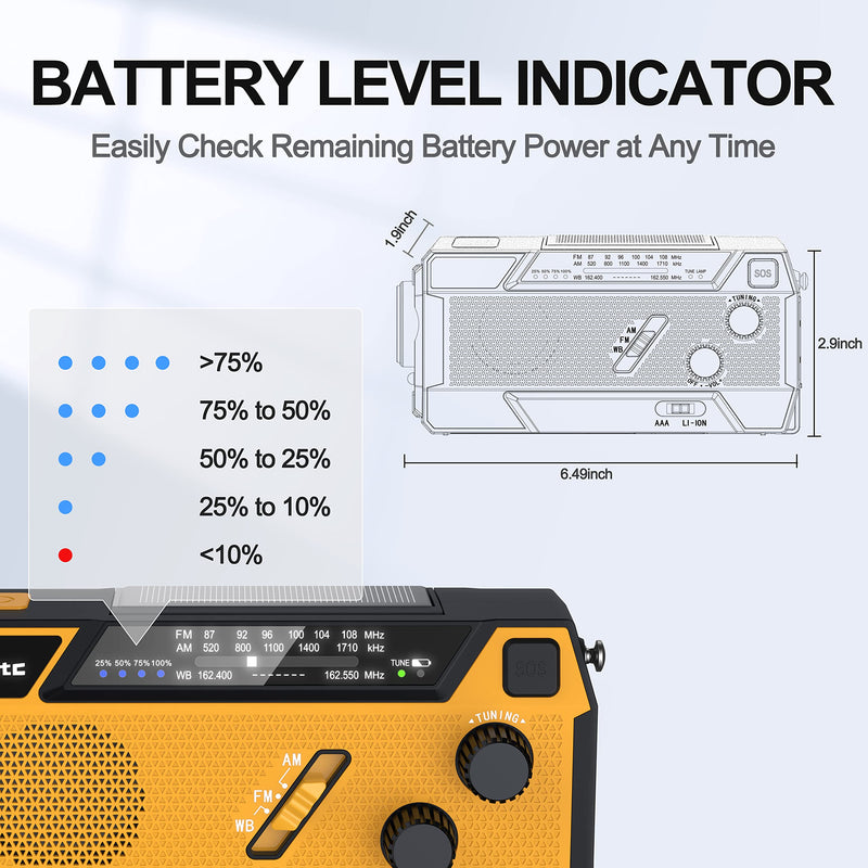 Yestiwc 7400mWh Emergency Crank Radio, Hand Crank Solar Radio, Battery Radio Emergency with NOAA/AM/FM, Power Bank, Hand Crank/SOS Alert&Flashlight Reading Lamp for Emergency Camping Storm Survival Orange