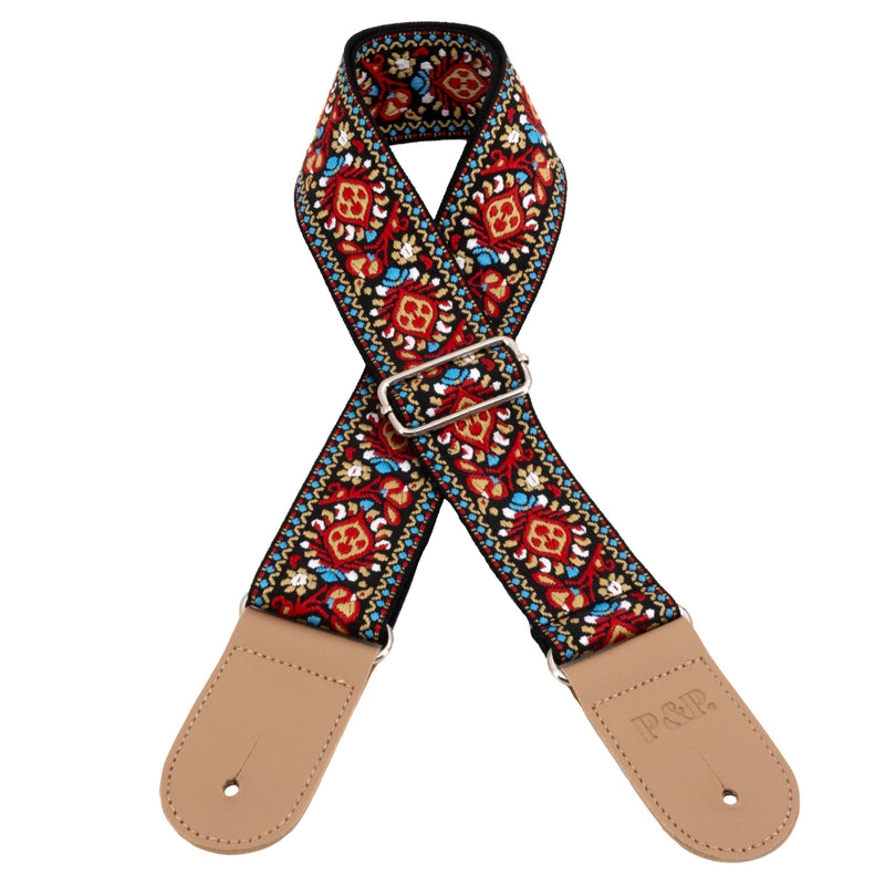 P&P Music Embroidered Guitar Strap w/Locks & Picks - Adjustable, Comfortable, Durable. Fits Electric, Acoustic, Bass Guitars Crimson