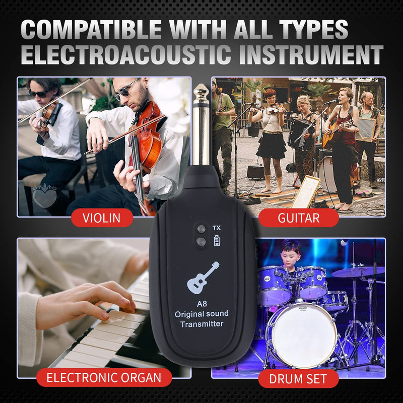Wireless Guitar System - Transmitter Receiver with Built-in Rechargeable Battery, 4 Channels for Electric Guitar, Bass, Violin