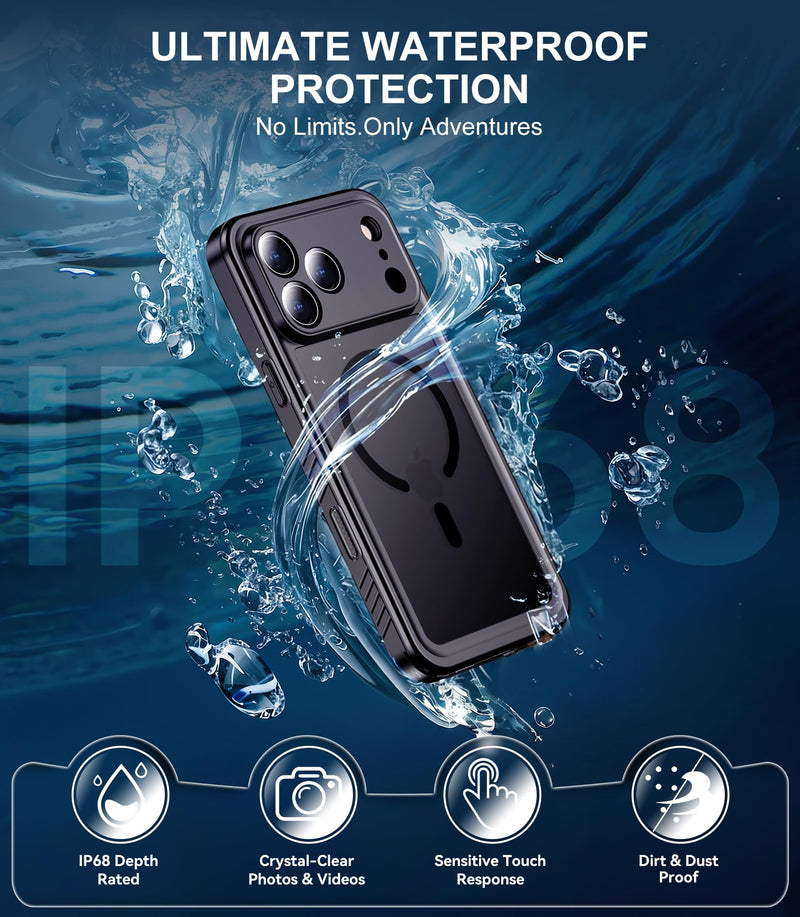 Red2Fire Compatible with iPhone 17 Pro Max Case Waterproof Magnetic Built-in Screen & Camera Protector IP68 Underwater Full Body 17FT Military Dropproof Shockproof Translucent Matte Phone Case for iPhone 17 Pro Max 6.9" Black