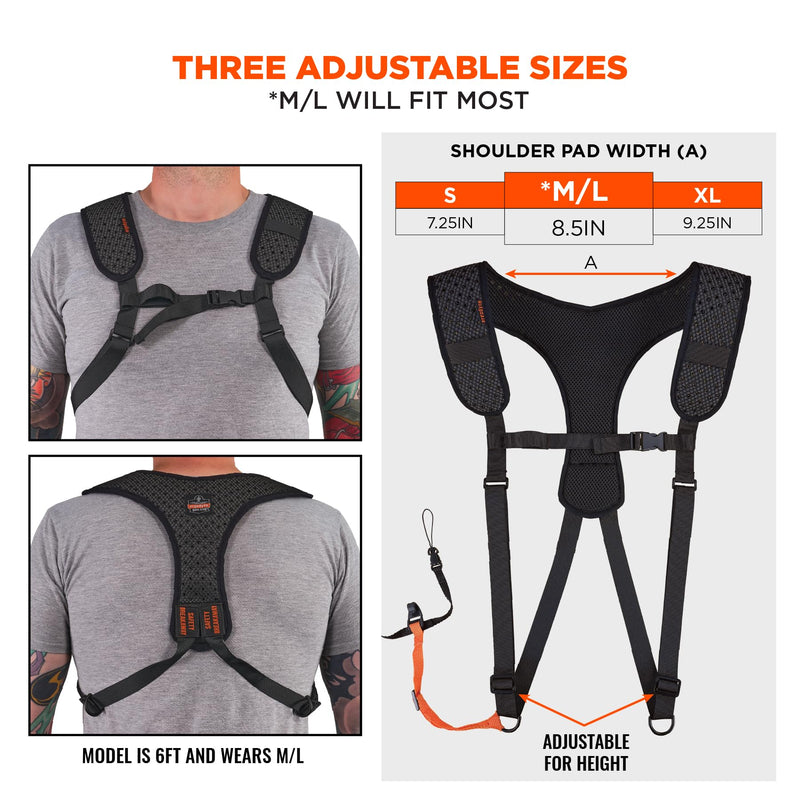 Ergodyne Squids 3142 Padded Shoulder Barcode Scanner Harness with Attachment Lanyard for Mobile Computers Medium-Large Black