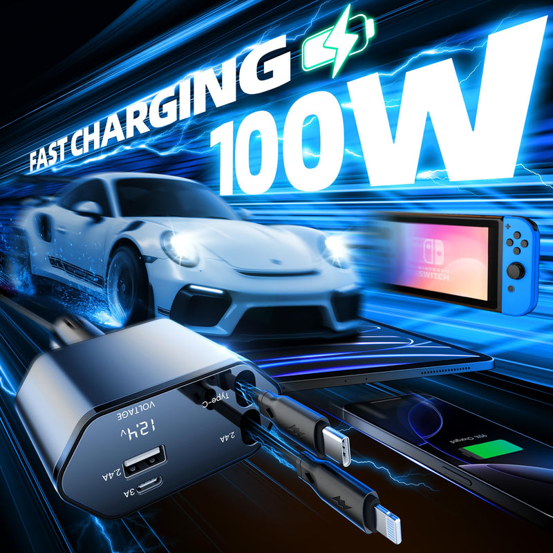 GUSGU 100W Retractable Car Charger, 4-in-1 Fast Car Phone Charger Featuring a 2.6ft Retractable Cord, with Lightning and USB-C Cable Car Charger Adapters, Compatible All Other Phone Models (Silver)
