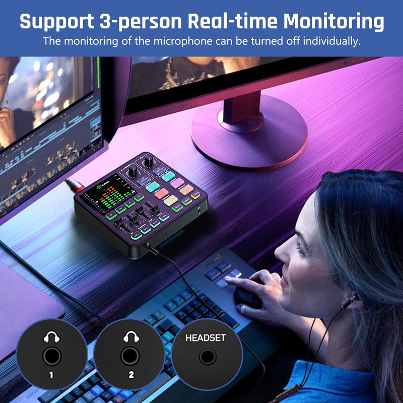 [AUSTRALIA] - PUPGSIS Gaming Audio Mixer, Audio Interface for PC/Podcast/Streaming, Sound Board with 3.5mm/XLR Mic Input, 48V Phantom Power, Voice Changer, Live Sound Card with DJ Mixer Effects/Bluetooth/4 Channel Black 