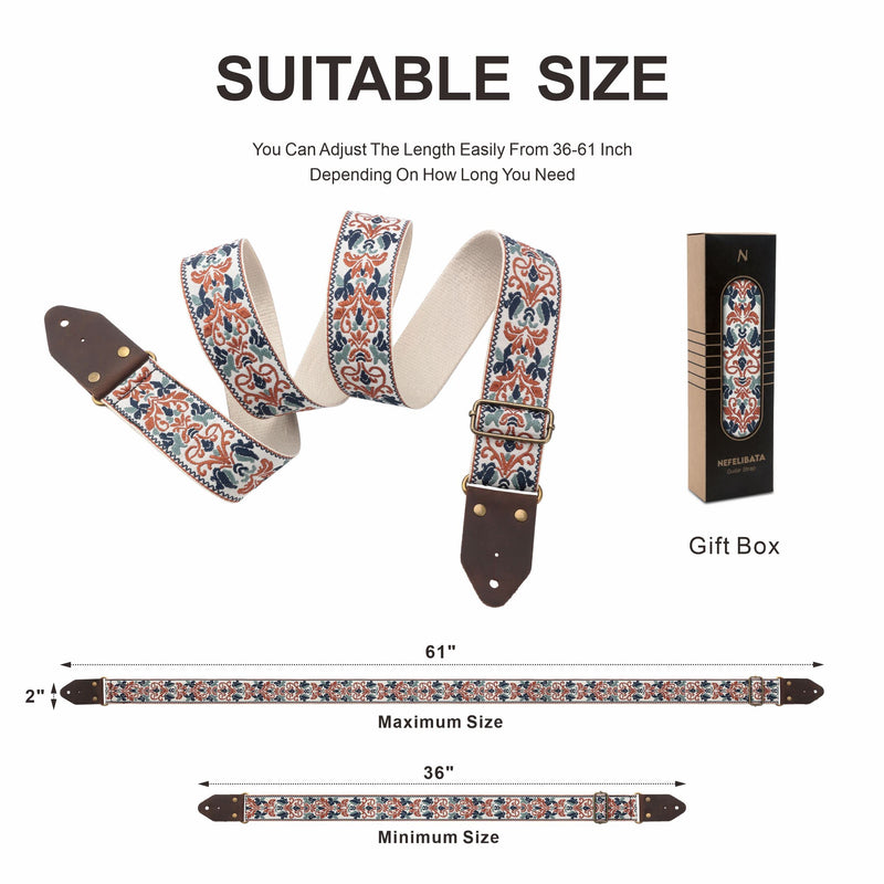 Nefelibata Guitar Strap,Jacquard Embroidery Cotton Guitar Straps with Crazy Horse Leather Ends for Bass, Electric & Acoustic, Best Gifts for Kids, Guitarists(Golden Jacquard) Retro Golden Jacquard