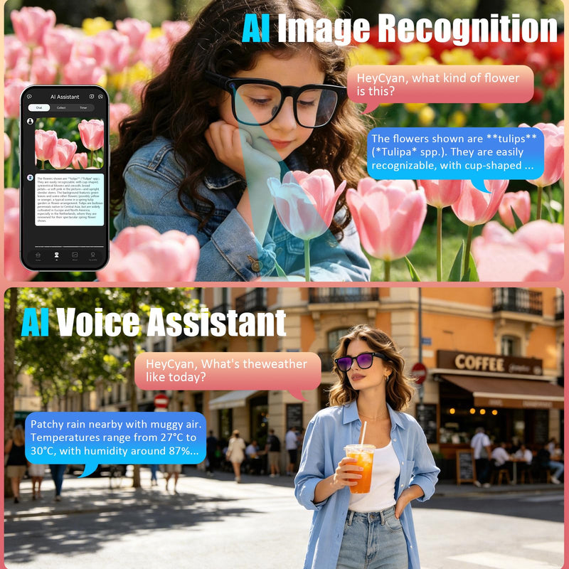 AI Smart Glasses with Camera,4K HD Camera Glasses with EIS Image Stabilization,Video Recording Glasses with AI Assistant,Wi-Fi+Bluetooth 6.0 Transfer,Replaceable 3 Lens,Real-Time Translation