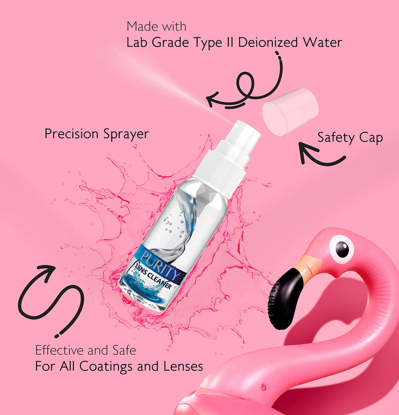 Purity Eyeglass Lens Cleaner Kit - 2 x 8oz and 1 x 2oz Lens Cleaner Spray Bottle + 2 Microfiber Cleaning Cloths - Safe for All Lenses (AR Coated Included), Eyeglasses and Screens - Clear 8oz x 2oz Lens Spray + 2 Microfiber Cloth