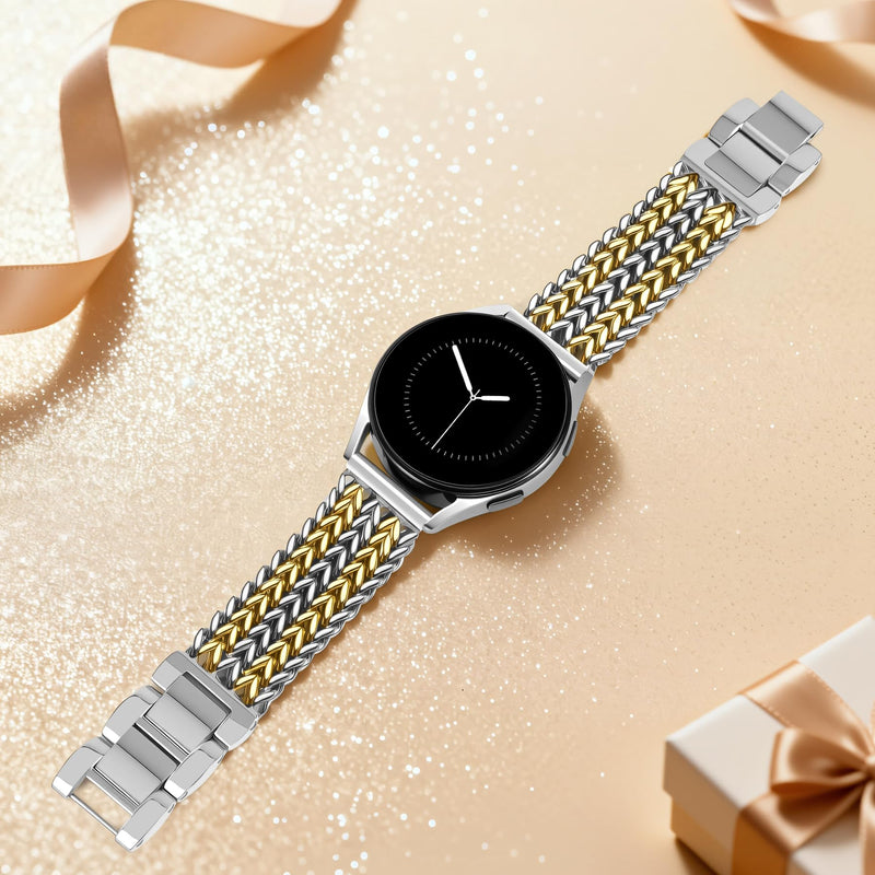 JR.DM Starlight Metal Watch Band Women 20mm Dressy Strap Stainless Steel Chain Bracelet Compatible with Samsung Galaxy Watch 7/6/5/4/Active 2/4 6 Classic/5 Pro/FE 40mm 42mm 43mm 44mm 45mm 46mm 47mm A5 Silver+Gold