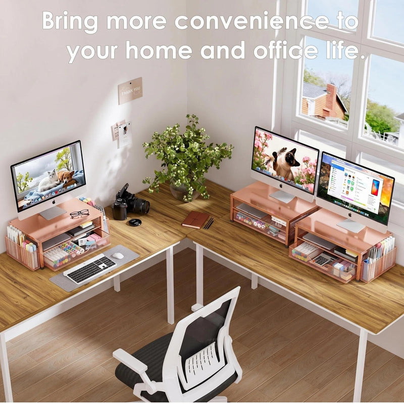 OPNICE Computer Monitor Stand Riser, Desk Organizer with Drawer, Printer & Laptop Stand, Office Desk Accessories & Workspace Desktop Organizers Storage for Office Supplies(Rose Gold) Rose Gold
