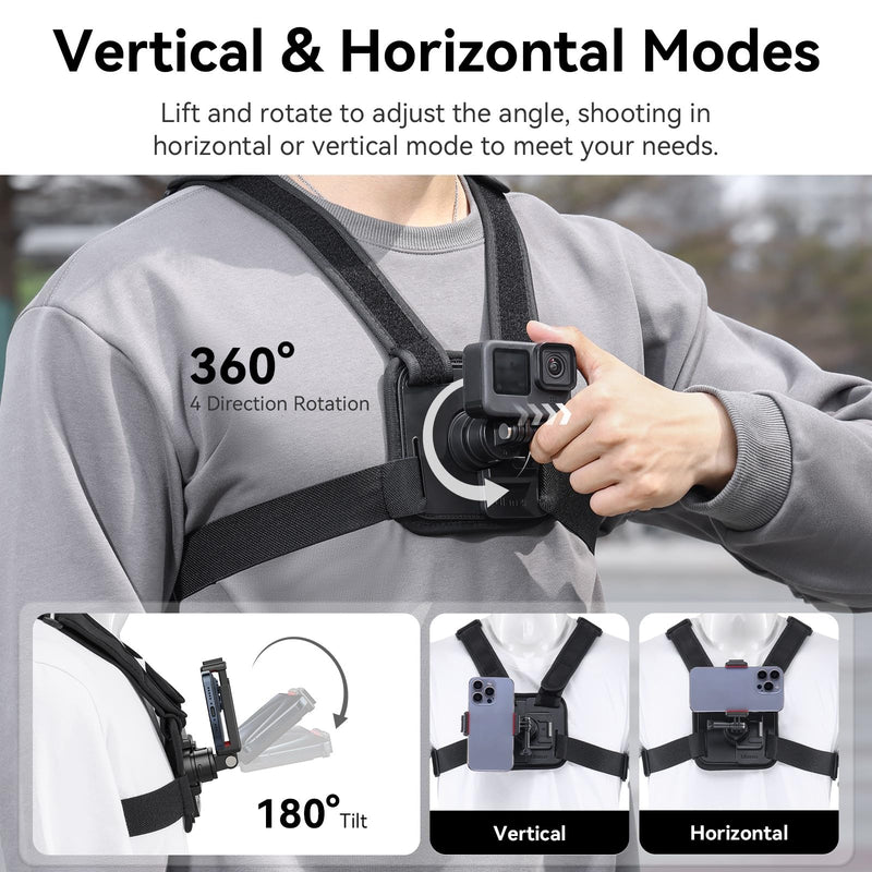 ULANZI CM028 Adjustable Chest Mount Harness w Vertical/Horizontal Switching for GoPro DJI Insta360 Action Cameras - Phone POV Chest Strap Mount Harness for iPhone Samsung Cameras Body Mount