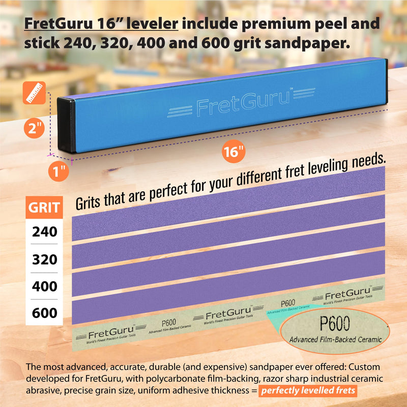 FretGuru Sanding Beam Fret Leveler (16" ~400mm) Professional guitar luthier leveling file includes 240, 320, 400, 600 Grit Advanced Film-Backed Ceramic Sandpaper, naphtha based adhesive remover wipes 16"