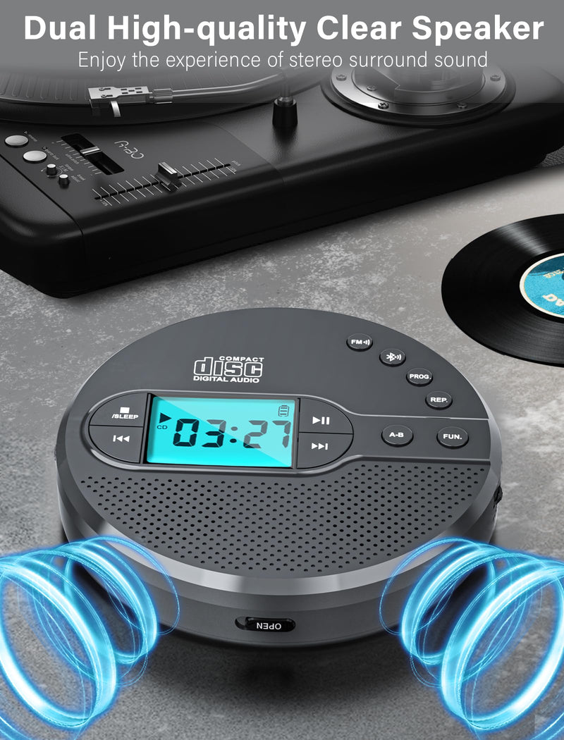 2000mAh Rechargeable Discman CD Player:Walkman CD Player with Bluetooth FM Transmitter,Headphones,LCD Screen,AUX,Built-in Speaker,USB-Portable Personal CD Player Anti-Skip Protection for Car CD35 Grey