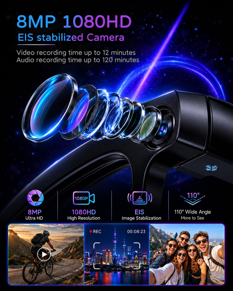 AI Smart Glasses with Camera, 8MP 4K HD Video & Photo Capture, Real-Time Translation, Recording Glasses with AI Assistant, Open-Ear Audio, Object Recognition, for Vlog, Outdoor & Hiking(Clear lens) Clear