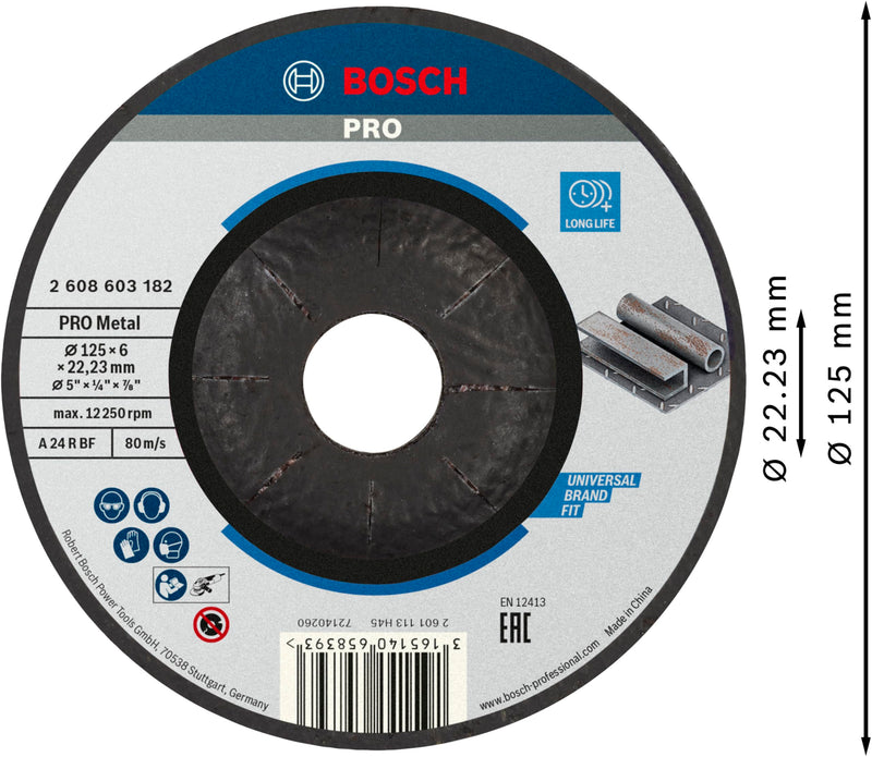 Bosch 1x PRO Metal Longlife Grinding Disc for Small Angle Grinder and Bore 22.23 mm (for Steel, Ø 125 mm, Professional Accessory Small Angle Grinder) Grey