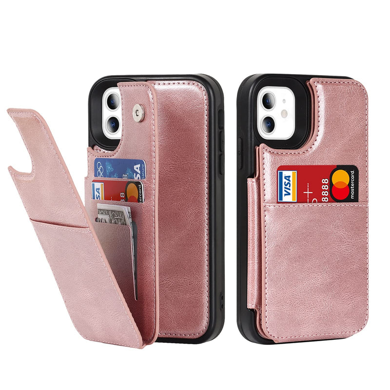Jaorty for iPhone 11 Wallet Case with RFID Blocking Card Holder,7 Card Slots Heavy Duty Protective Bumper Armort PU Leather Magnetic Buttons Kickstand Case for iPhone 11 6.1 Inch,Macaron Rosegold 7 Card Slots-RoseGold