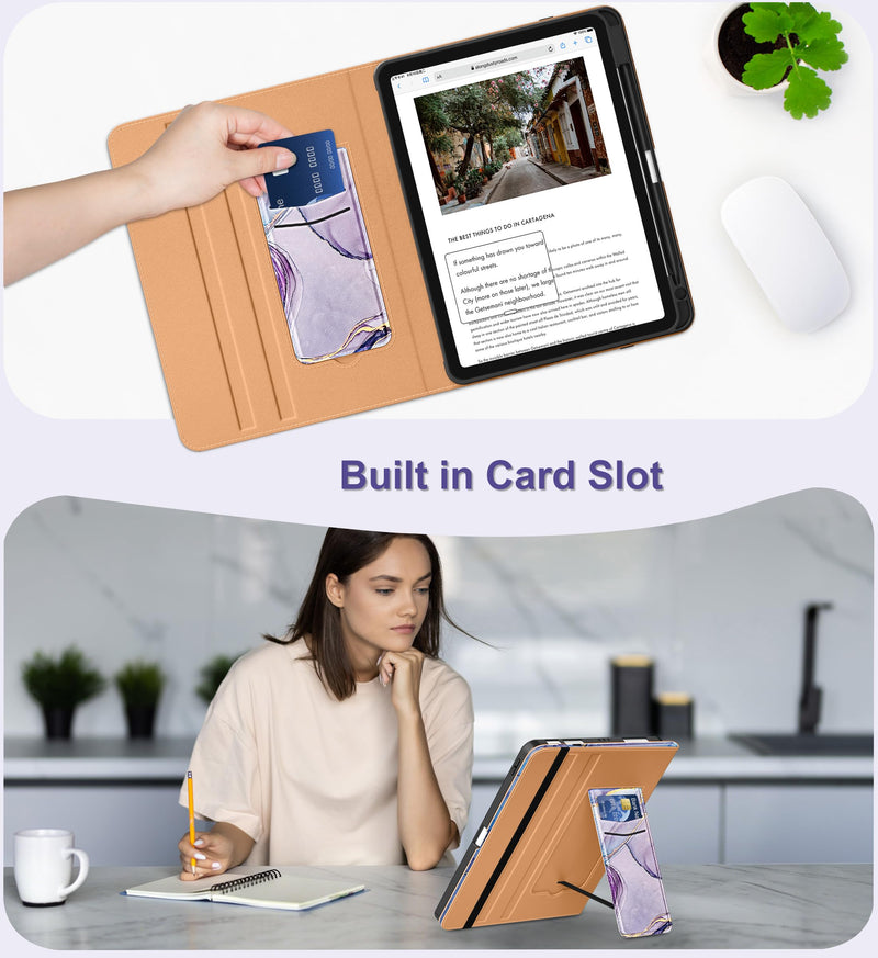 DTTO for iPad Air 11-inch Case M4 / M3 / M2 (2026/2025/2024), Marble Lilac | Slim Reading PU Leather Cover with Pencil Holder for iPad Air 5/4, Card Slot, Vertical & Horizontal Angles, Auto Wake/Sleep A-Lilac Marble