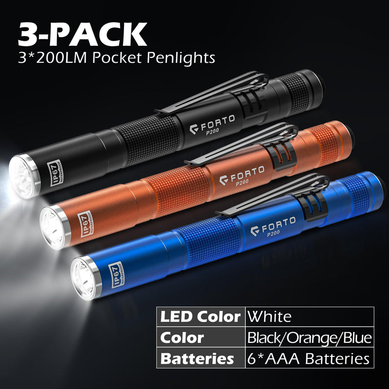 FORTO LED Pen Light, 200 Lumens Pocket Flashlight, IP67 Waterproof, 2 Modes, 2 Pack with AAA Batteries, Lightweight & Durable for Inspection, Medical Use, Emergency(3-Pack Mix) MIX 3 PACK