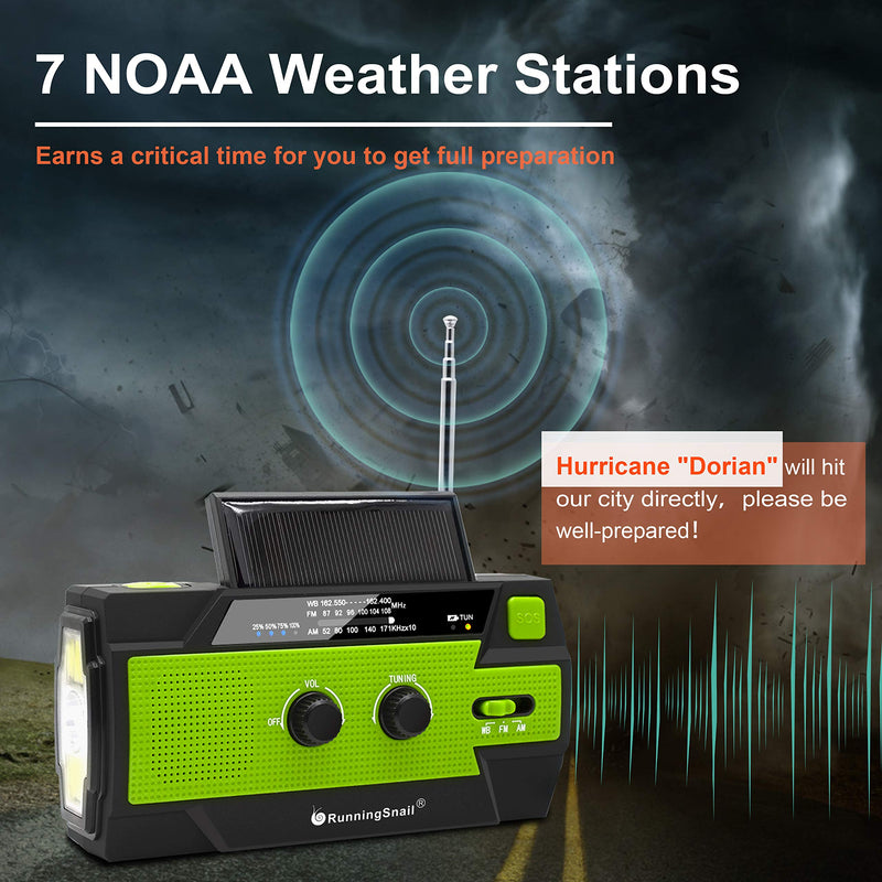 【2021 Newest】RunningSnail Emergency Crank Radio，4000mAh-Solar Hand Crank Portable AM/FM/NOAA Weather Radio with 1W Flashlight&Motion Sensor Reading Lamp，Cell Phone Charger, SOS for Home and Emergency Green