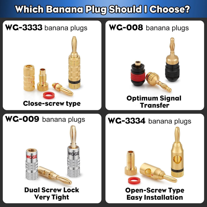 WGGE WG-009 Banana Plugs Audio Jack Connector 6 Pairs / 12 pcs, 24k Gold Dual Screw Lock Speaker Connector for Speaker Wire, Wall Plate, Home Theater, Audio/Video Receiver and Sound Systems 6 Pairs (12 plugs)