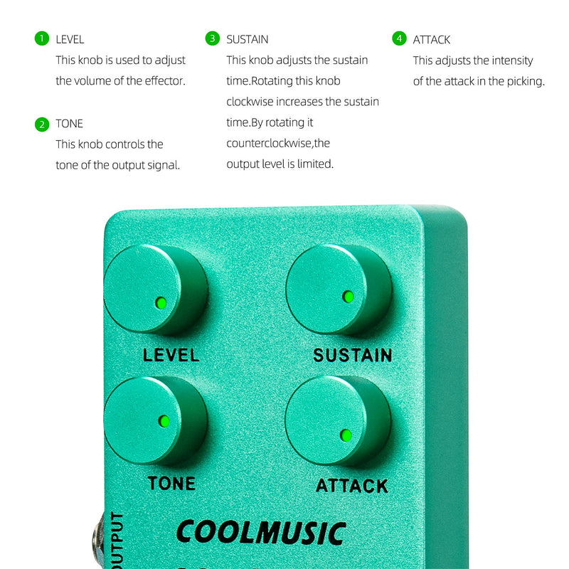 COOLMUSIC C-CS01 Compressor Pedal, Comp Guitar Pedal Compression Effect Electric Guitar and Bass True Bypass