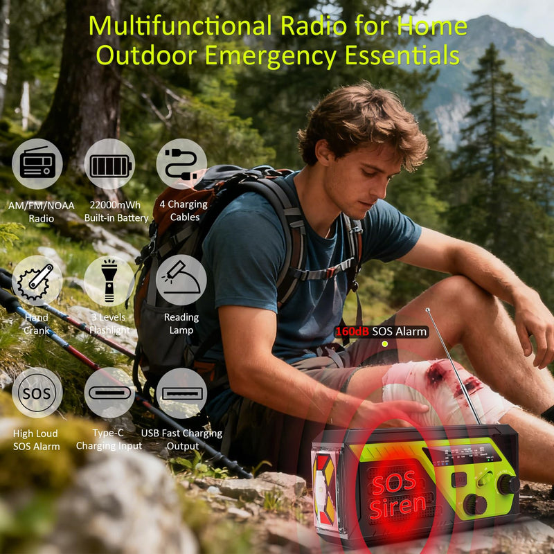 Weather Radio 22000mWh AM FM NOAA Emergency Radio with 4 Charging Cables, Flashlight, Reading Light, SOS Alarm, Phone Charging Hand Crank Radio for Home Outdoor Emergencies. Green