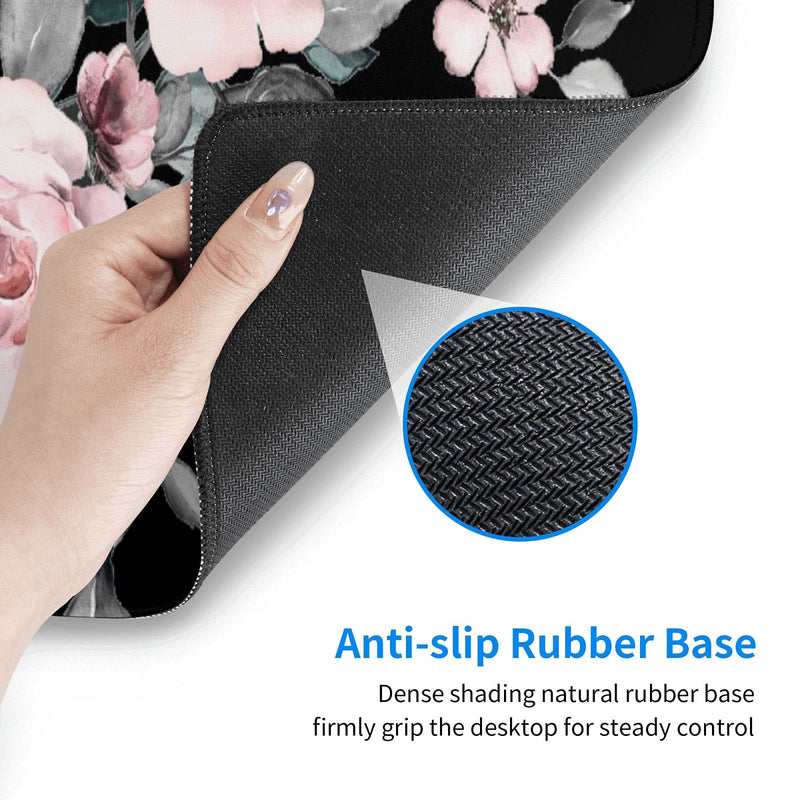 Floral Extended Gaming Mouse Pad Non-Slip Rubber Base Black Large Mousepad 31.5x11.8in with Stitched Edge Waterproof Pink Peony Flowers Pads Computer Black Desk Laptop Mats for Work/Game/Office/Home Flower