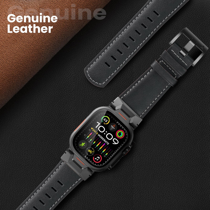 Top Grain Genuine Leather Compatible with Apple Watch Ultra Band 49mm 46mm 45mm 44mm 42mm, Rugged Metal Connector Band Strap for Women Men iWatch Ultra 2/1 Series 10 9 8 7 6 5 4 3 2 1 SE