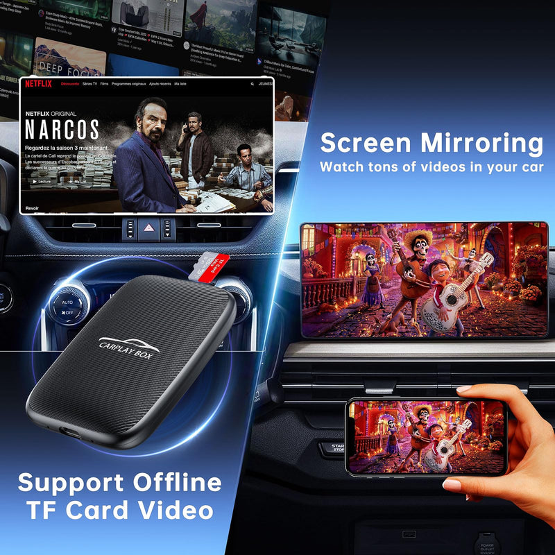 6-in-1 Magic Video Box for Netflix/YouTube, Wireless CarPlay Adapter & Android Auto Wireless Adapter Convert Wired to Wireles Carplay Dongle for OEM Wired CarPlay Cars, TF Card Playback, Plug & Play Compact