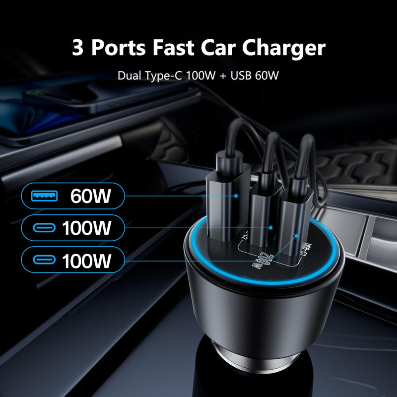 USB C Car Charger Fast Charging 200W, Dual PD 100W Type C Car Charger， | PD3.0/QC4.0/PPS Cigarette Lighter Adapter for iPhone 16/15/14/13/12, Galaxy S22/S21 Ultra, MacBook, Laptop etc