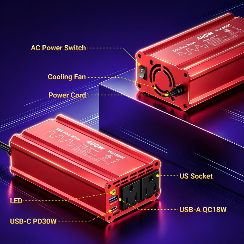 400W Car Power Inverter, DC 12V to AC 110V, PD3.0 QC18W 2 Outlets Dual USB | Peak Clipped Sine Wave, Car Charger Plug Adapter Power Converter, Charging Ports (Red-400) Red-30