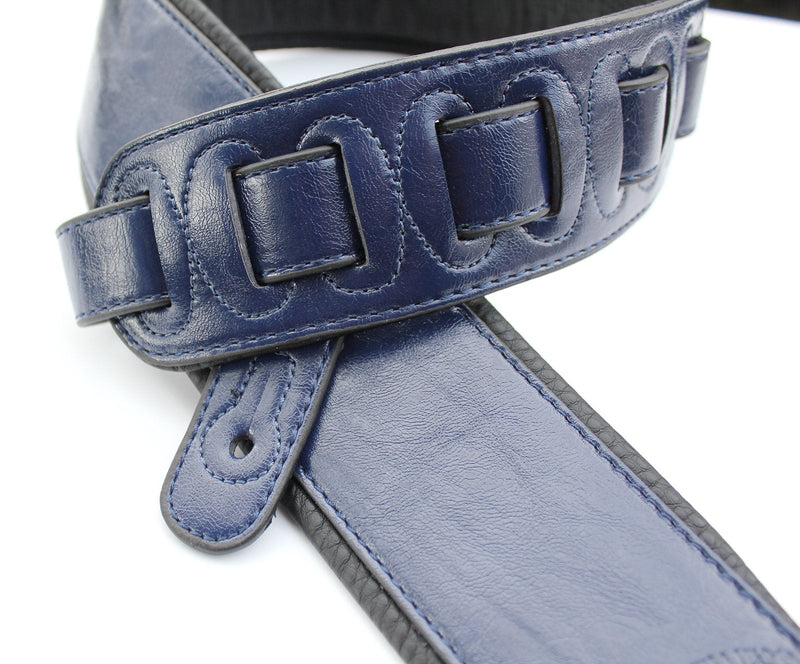 Walker & Williams G-25 Handmade Navy Blue Guitar Strap with Padded Glove Leather Back For Acoustic, Electric, And Bass Guitars