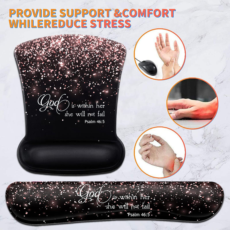 Keyboard Wrist Rest Pad and Ergonomic Mouse Pad Wrist Support Set Psalm 46:5 God is Within Her,She Will Not Fall Rose Gold Black for Gaming,Office,Comfortable and Pain Relief with Coaster Set Fd-wristrest-2-12