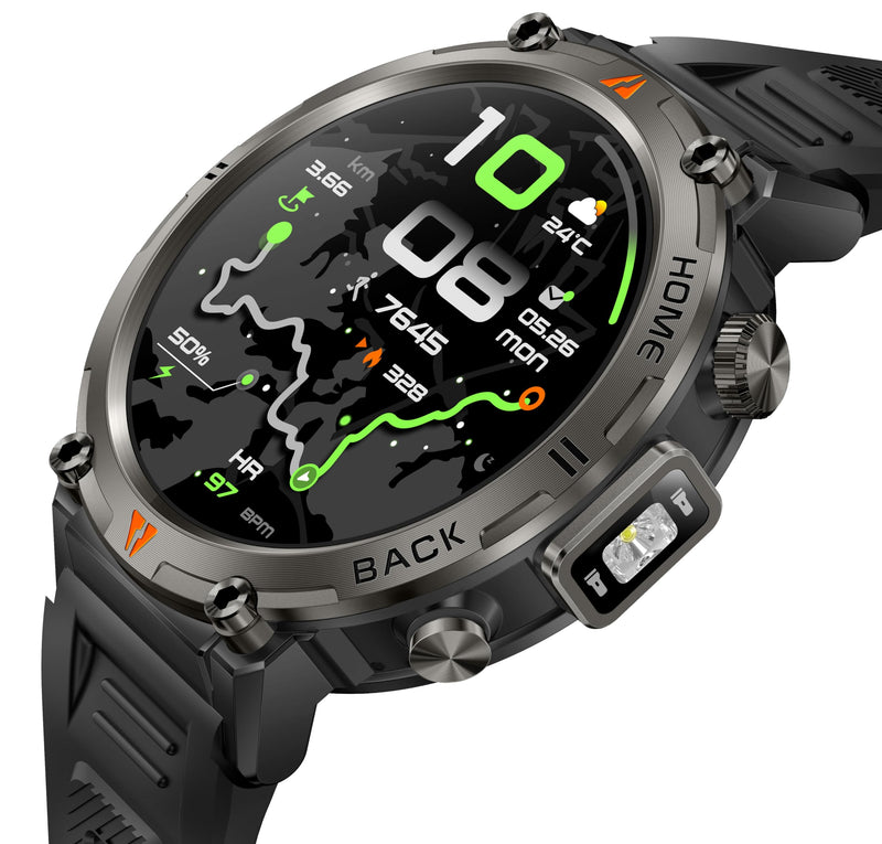 Military Smart Watch for Men, GPS Watch with Flashlight 3ATM Waterproof | Rugged Tactical Smartwatch with Bluetooth Calling Compass 1.45'' HD Sports Watch Fitness Watch Compatible with iPhone Samsung BK