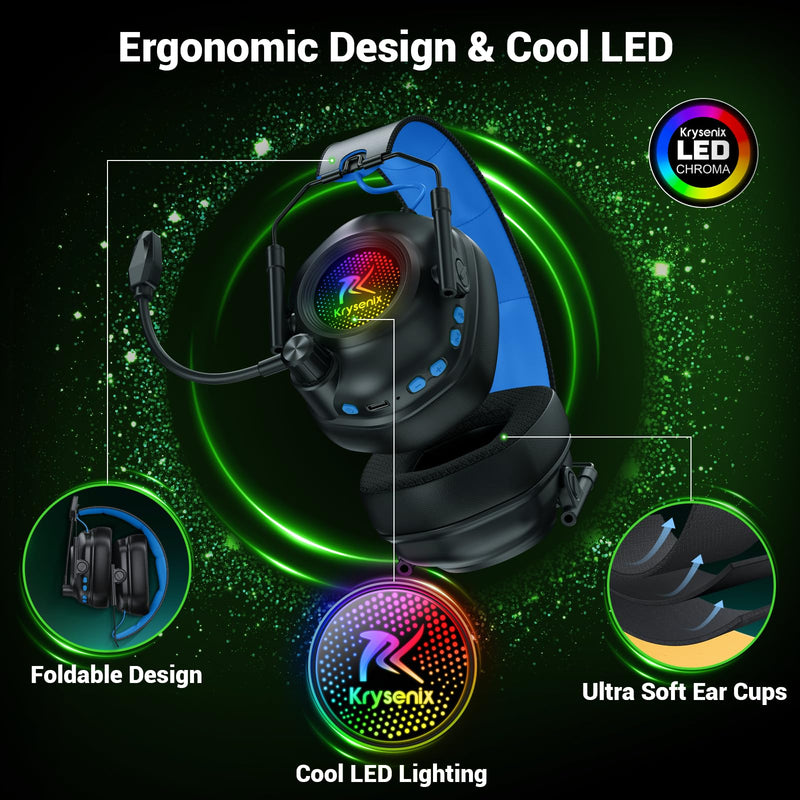 Wireless Gaming Headset with Noise Canceling Microphone for PC, PS5, PS4, Switch, Mac, 2.4 GHz Wireless & Bluetooth 5.4 Gaming Headphones, Cool RGB Lighting, 40Hr Battery, 50mm Drivers(Black Blue) Black Blue