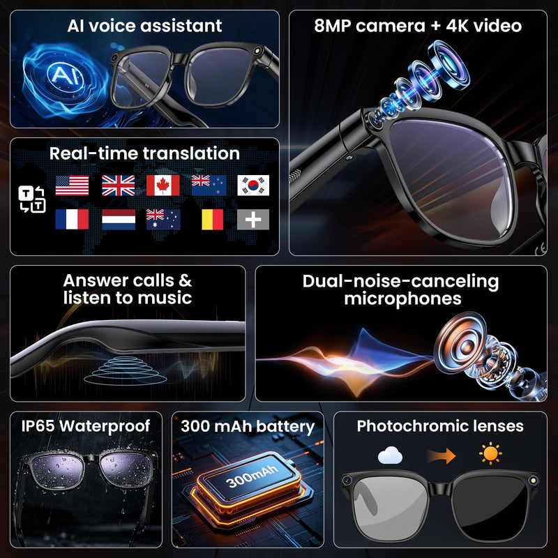 Hwagol Smart Glasses with Camera, 8MP HD Photo and Video Recording,AI Camera Glasses with Real-Time Translation/Object Recognition/AI Voice Q&A/Recording, Calls and Music,Comes with 3 Pairs of Lenses Black