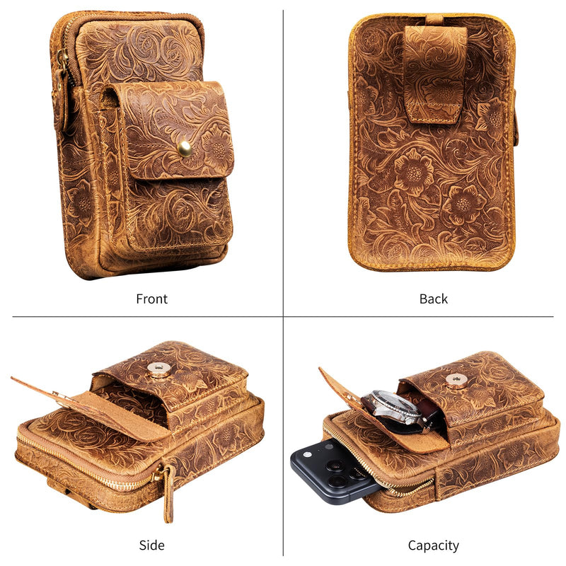 Holster for iPhone17/16/15/14/13/12/11 ProMax,Galaxy S21-25/26Ultra | For IP16 /15/14/Pro/Galaxy S21-26Plus,Premium Leather Pouch with Belt Clip Phone Holster Belt Case, Brown-L