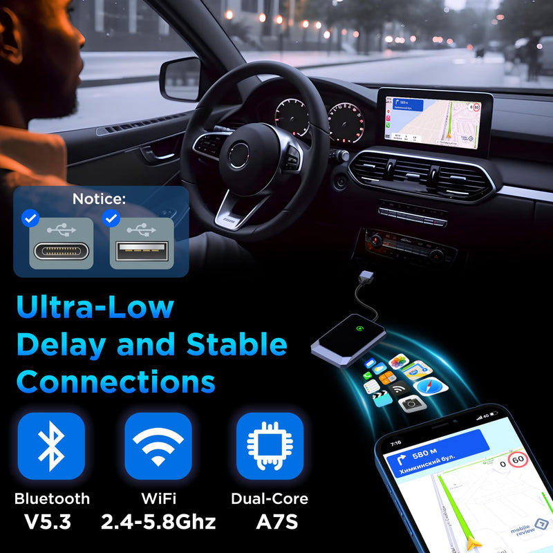 Wireless Carplay Adapter, Converts Wired to Wireless carplay Adapter for iPhone, Wireless Control Plug & Play Carplay for Cars from 2017 & for Apple iPhone iOS 10+ BY960H-CarPlay