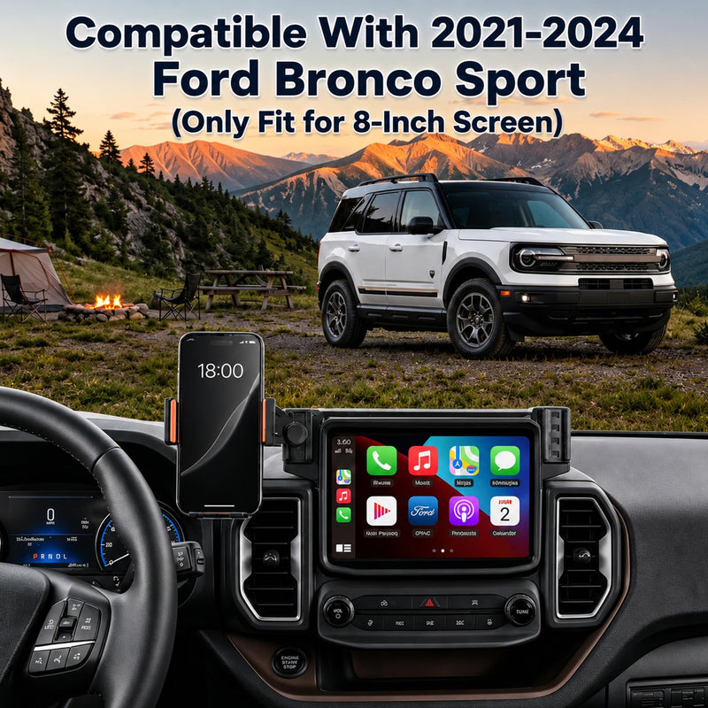 Car Phone Holder for Ford Bronco Sport 2021-2024 Accessories, 8-Inch Touchscreen Phone Mount with Up to 15W Fast Wireless Charging, Auto-Clamping Aluminum Holder, 360° Rotation, Keeps Air Vents Clear